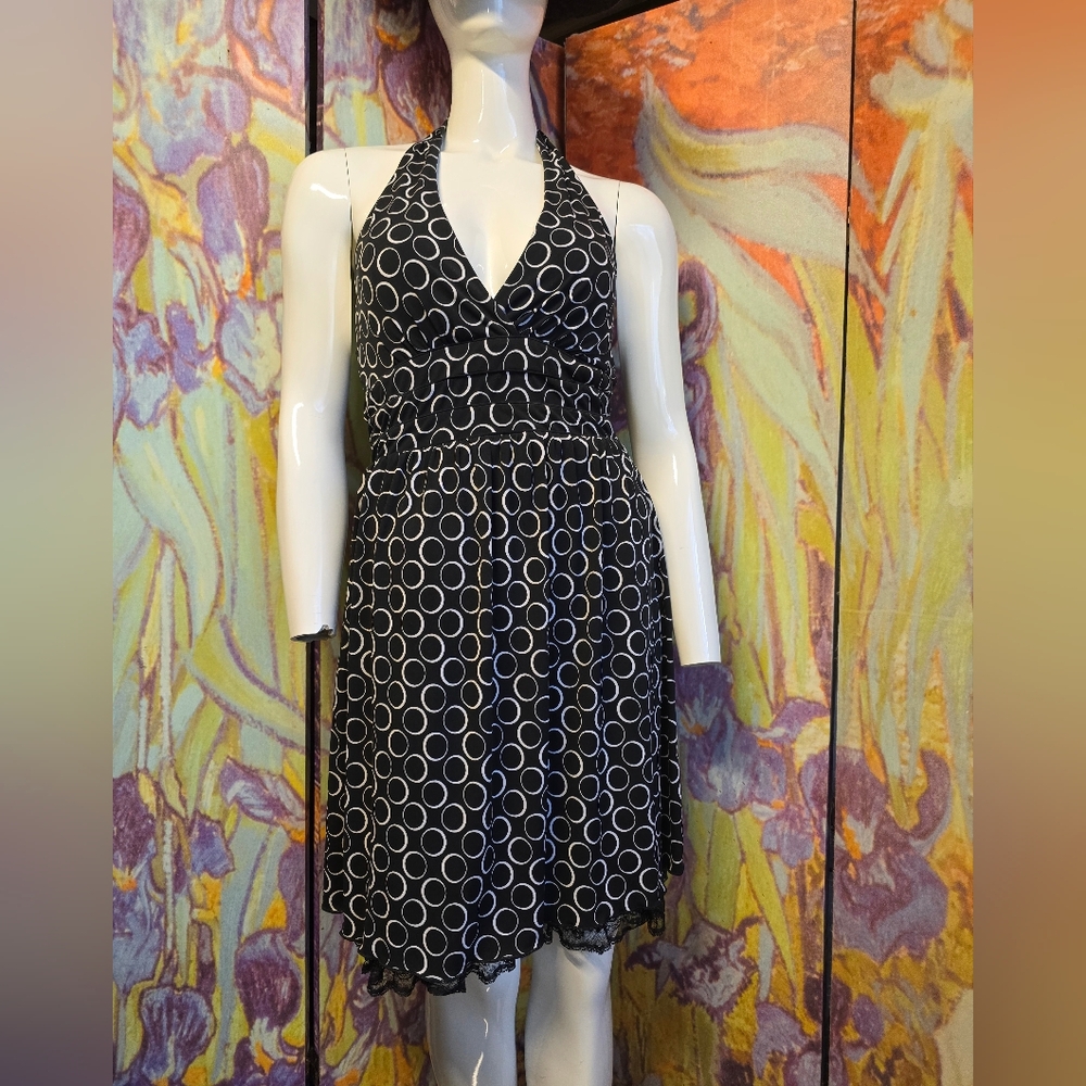 AUW Black and White Halter Dress Size Large Fit Flare Lace Hem Whimsygoth